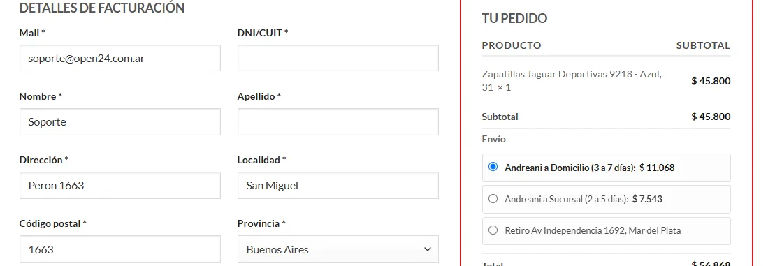 Captura de Plugin Andreani WooCommerce