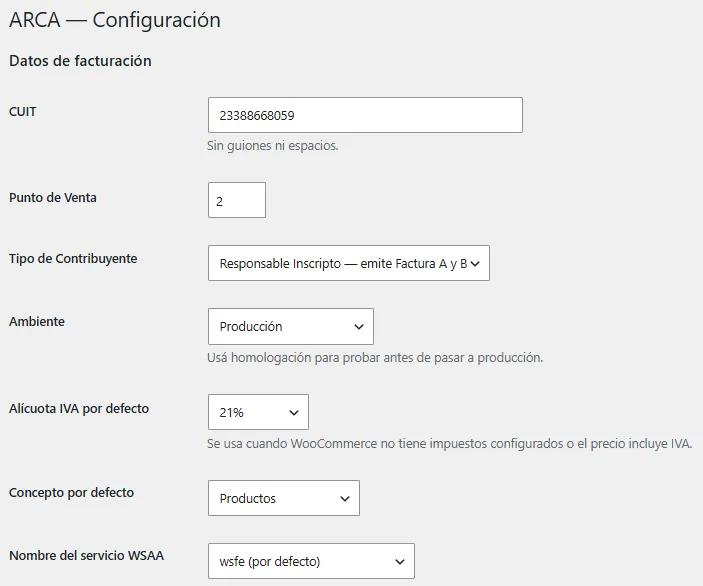 Configuración del plugin de factura electrónica ARCA para WooCommerce
