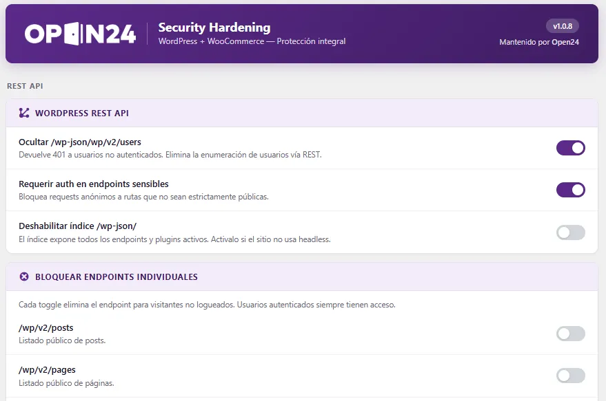 Captura de Open24 Security – Blindaje para WordPress y WooCommerce
