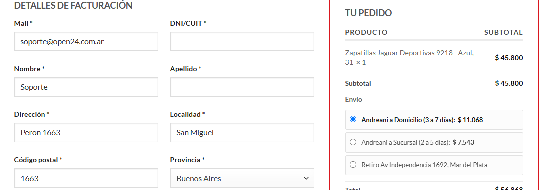 Cotización de Andreani en tiempo real en el checkout de una tienda WooCommerce