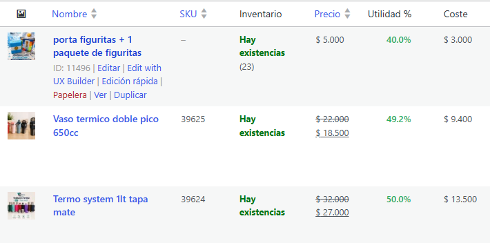 Listado de productos de WooCommerce con columnas de costo y utilidad porcentual