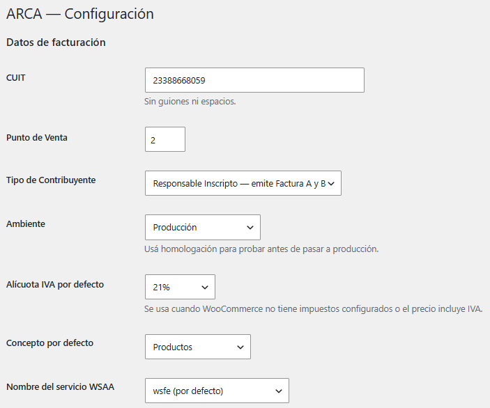 Configuración del plugin de factura electrónica AFIP/ARCA para WooCommerce
