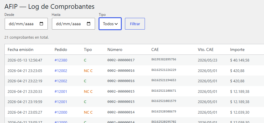 Log de comprobantes electrónicos AFIP emitidos desde WooCommerce con número de CAE