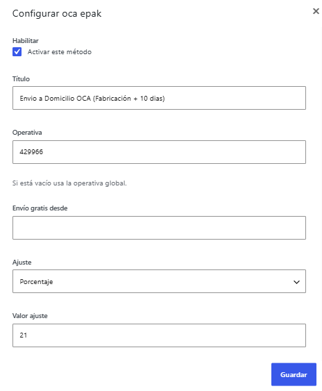 Pantalla de configuración del plugin OCA e-Pak para WooCommerce