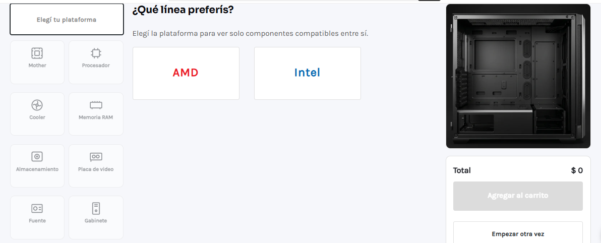 Armador de PC en una tienda WooCommerce: selección de plataforma AMD o Intel, categorías de componentes y visual del gabinete