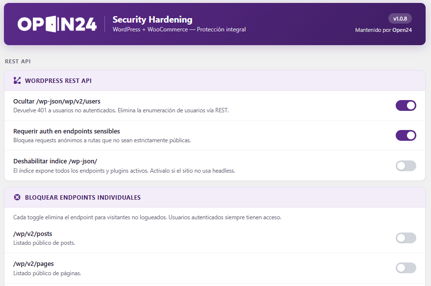Panel de configuración del plugin gratuito Open24 Security mostrando el hardening de la REST API de WordPress